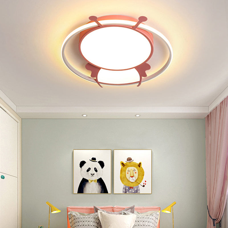 Kids Led Flush Mount Lamp With Metal Ring - Pink/Yellow Pendant Light Featuring Acrylic Bee Shade