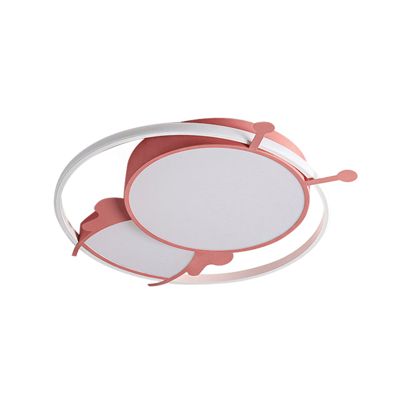 Kids Led Flush Mount Lamp With Metal Ring - Pink/Yellow Pendant Light Featuring Acrylic Bee Shade