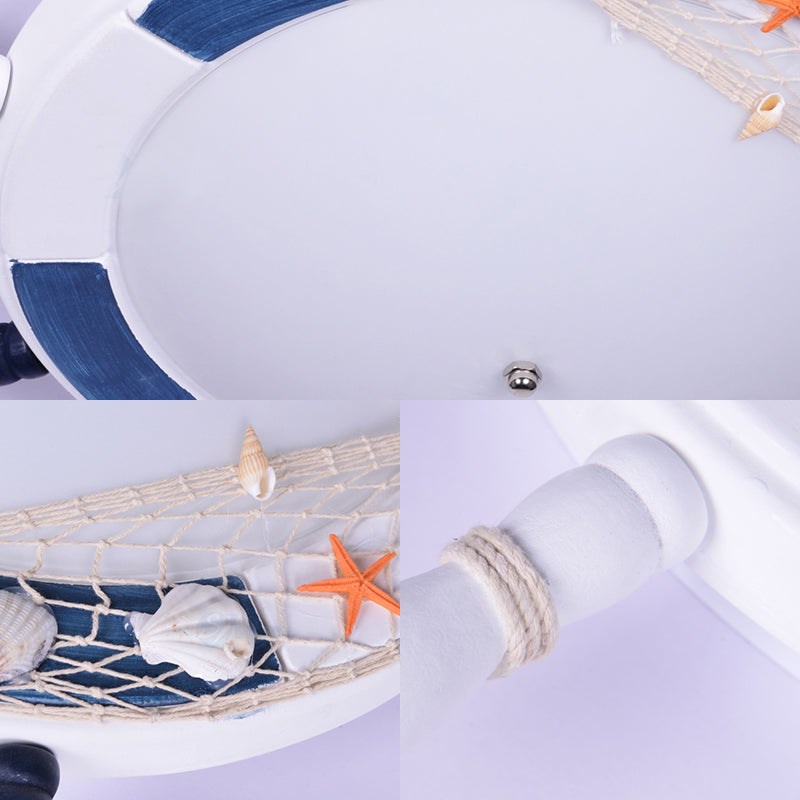 Rudder Wooden Flush Mount Lamp - Nautical Style Led Ceiling Light With Frosted Glass Shade