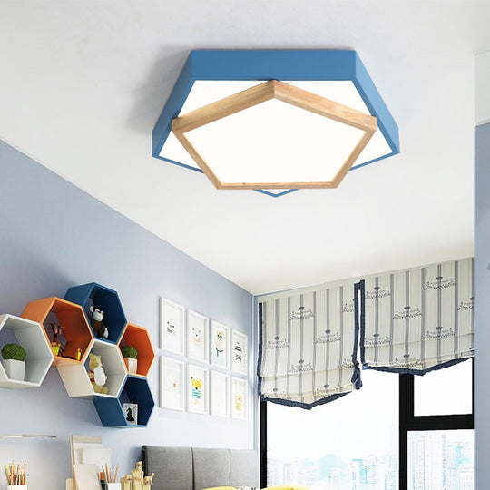 Pentagon Macaron Acrylic Led Flush Mount Lamp In White/Warm/Natural Light - Sizes 14/18/21.5 Blue /