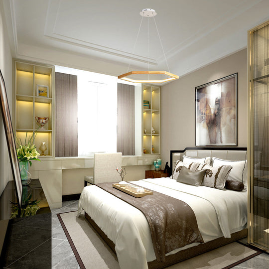 Contemporary Hexagonal Wood And Acrylic Pendant Chandelier With Led Lighting 16’/19.5’/23.5’ Wide