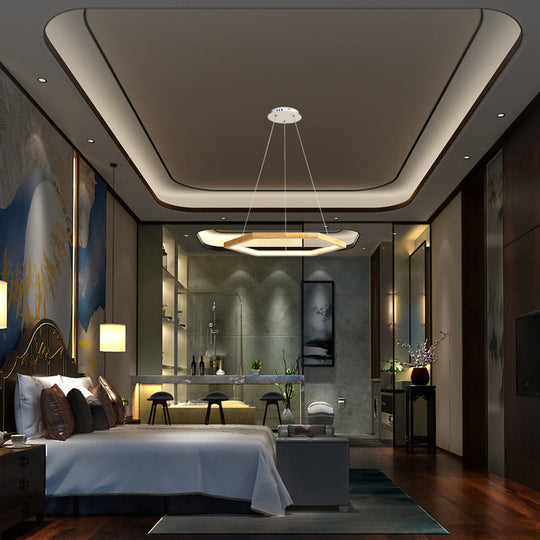 Contemporary Hexagonal Wood And Acrylic Pendant Chandelier With Led Lighting 16’/19.5’/23.5’ Wide