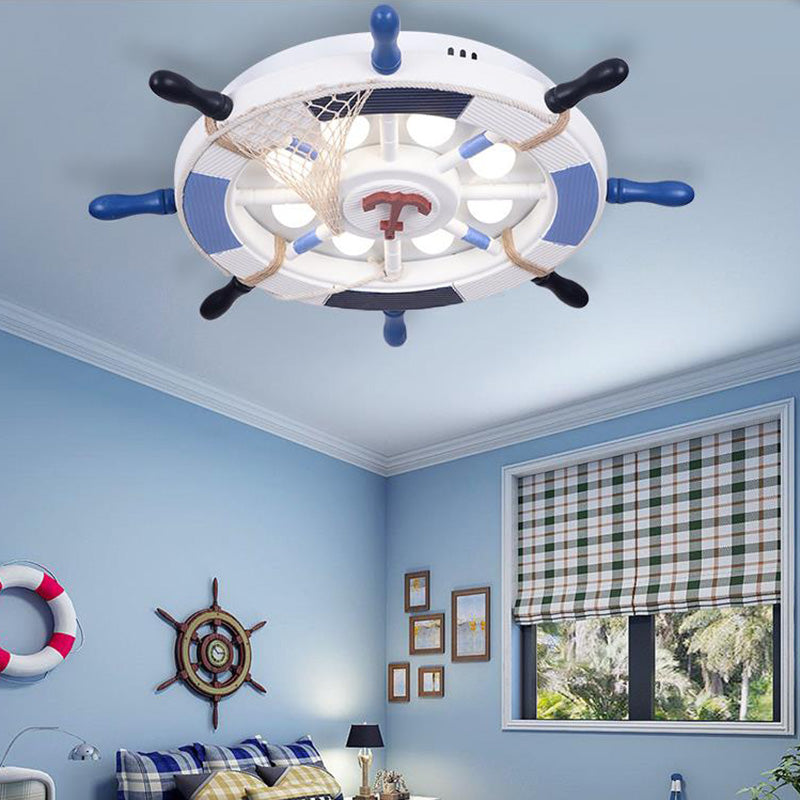 Nautical Style Led Blue Flush Ceiling Light With Rudder Wood Shade / A