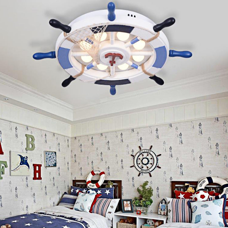 Nautical Style Led Blue Flush Ceiling Light With Rudder Wood Shade