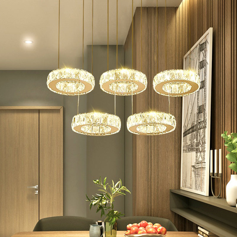 Sleek Stainless-Steel Led Pendant Light With Circle Shaped Faceted Crystal