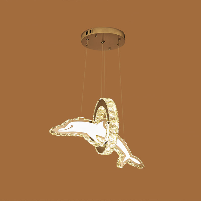 Dolphin And Ring Chandelier Kids Led Pendant Light For Nursery - Crystal Stainless Steel Fixture