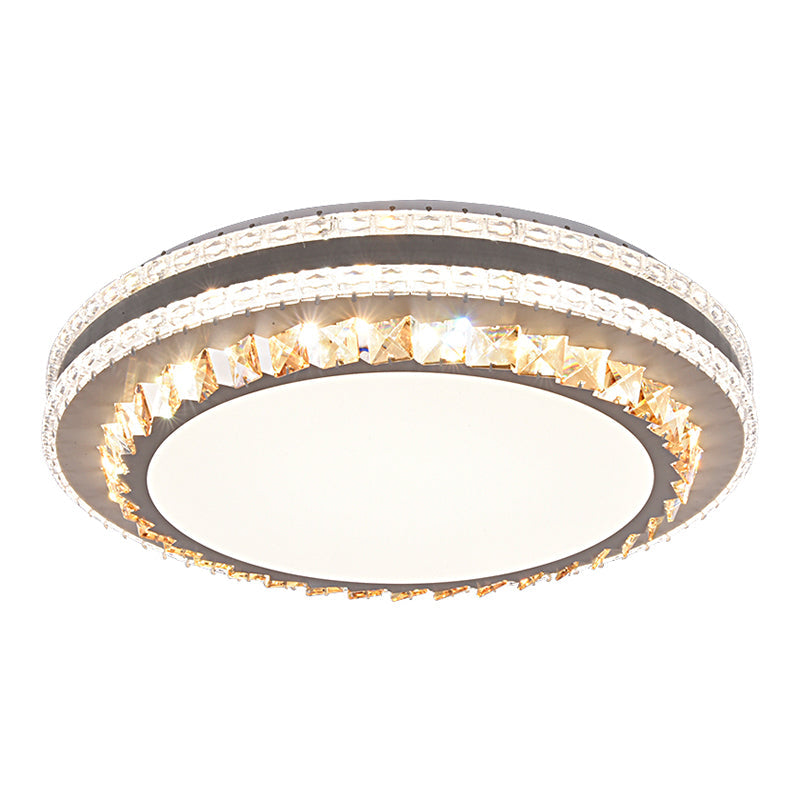 Sleek Stainless - Steel Drum Led Flush Mount Light With Crystal Accent – Perfect For Bedrooms
