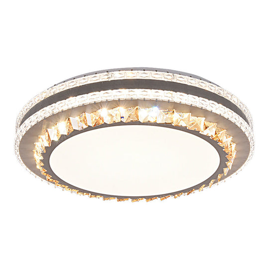 Sleek Stainless-Steel Drum Led Flush Mount Light With Crystal Accent Perfect For Bedrooms