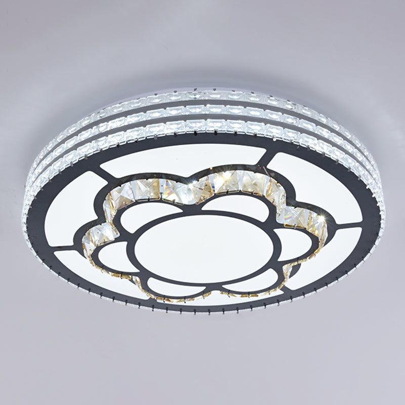 Sleek Stainless-Steel Drum Led Flush Mount Light With Crystal Accent Perfect For Bedrooms / Remote