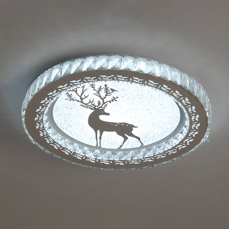 Contemporary Crystal Led Bedroom Ceiling Light In Stainless-Steel Flush Mount / White Deer