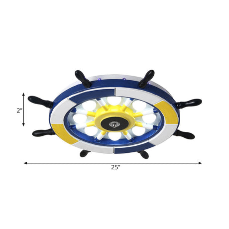 Nautical Style Led Wood Shade Flush Mount Ceiling Light - Blue Finish Dome/Rudder Design