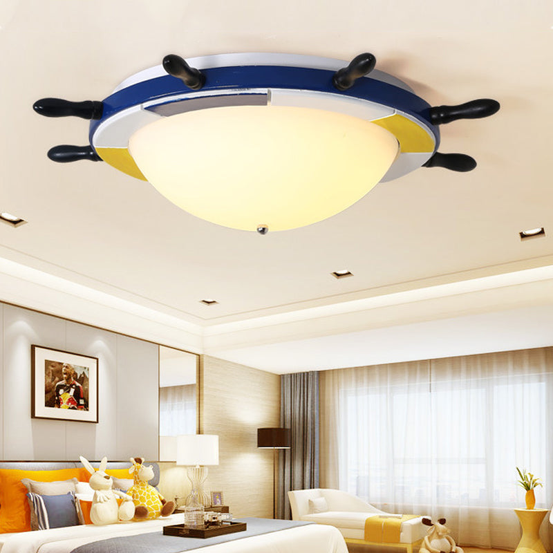 Nautical Style Led Wood Shade Flush Mount Ceiling Light - Blue Finish Dome/Rudder Design