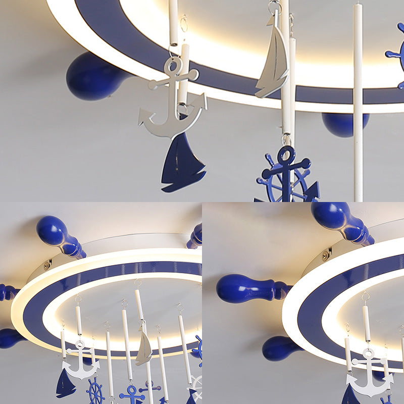 Childrens Blue Nautical Rudder Flushmount Led Ceiling Light With Anchor Deco - Warm/White