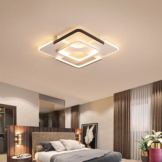 Contemporary Black - White Metal Flush Light For Bedroom Ceiling - 16’/19.5’ Wide Led In Warm