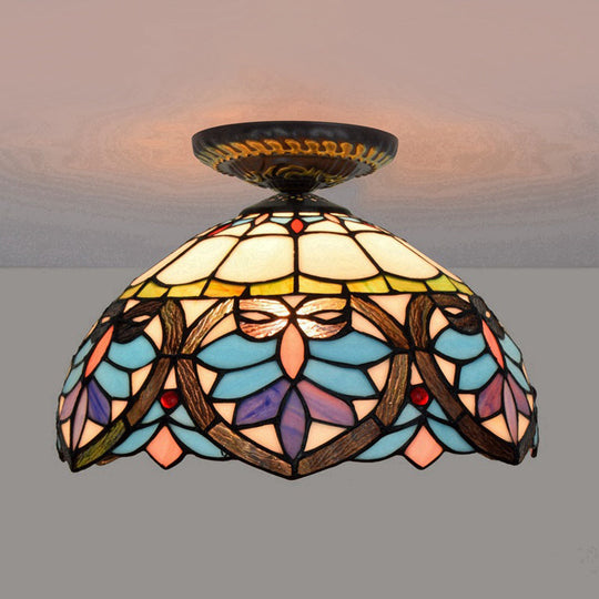 Victorian Flower Cut Glass Brass Ceiling Light With Globe/Dome Shade - 8.5’/12’W Flush Mount Fixture