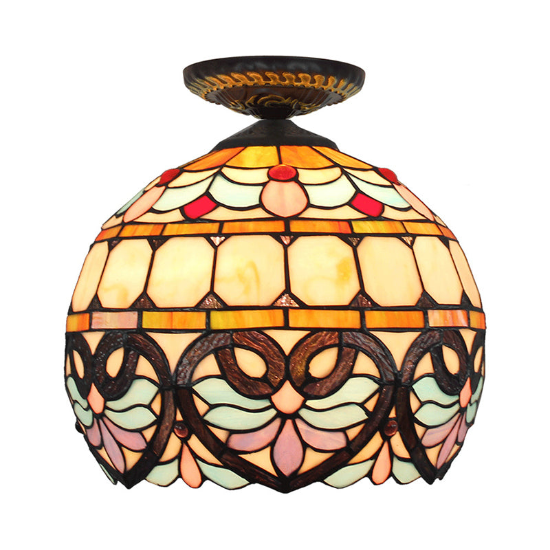 Victorian Flower Cut Glass Brass Ceiling Light With Globe/Dome Shade - 8.5’/12’W Flush Mount Fixture