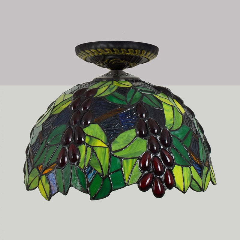 Victorian Domed Flush Ceiling Light - Brass With Grape Pattern 12’/16.5’ Width Stained Glass 1
