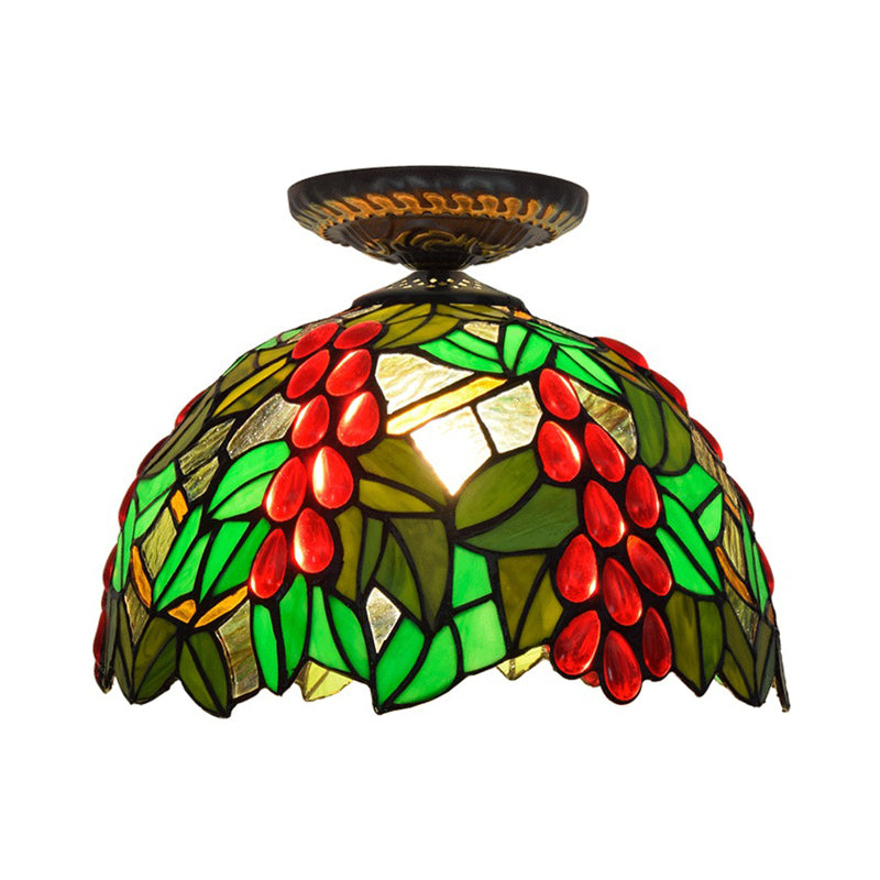 Victorian Domed Flush Ceiling Light - Brass With Grape Pattern 12’/16.5’ Width Stained Glass 1