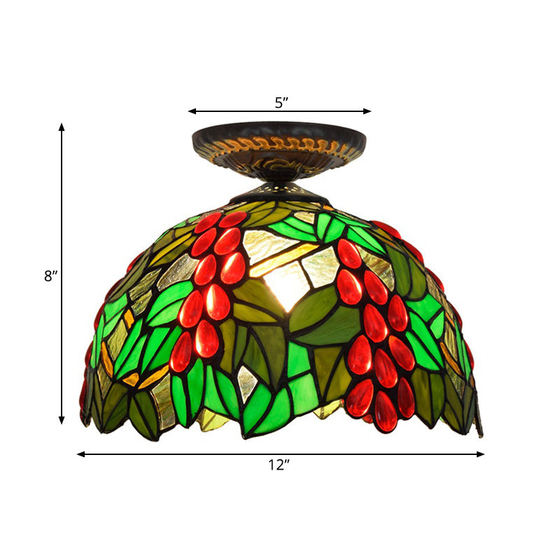 Victorian Domed Flush Ceiling Light - Brass With Grape Pattern 12’/16.5’ Width Stained Glass 1
