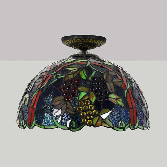 Victorian Domed Flush Ceiling Light - Brass With Grape Pattern 12/16.5 Width Stained Glass 1-Light