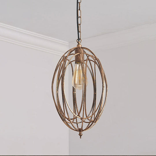Metallic Drop Pendant Lamp Kit - Factory Gold Finish Oval Cage Design For Dining Room Hanging