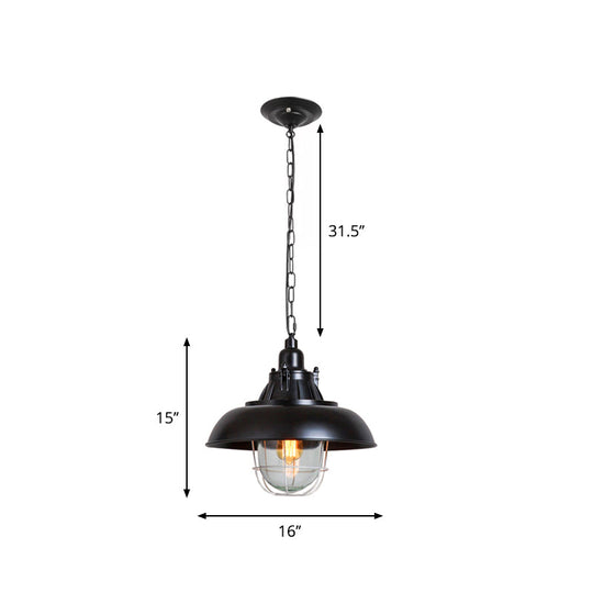 Black Metal Pendant Light With Clear Glass Shade For Living Room Ceiling - Factory-Made Domed Design