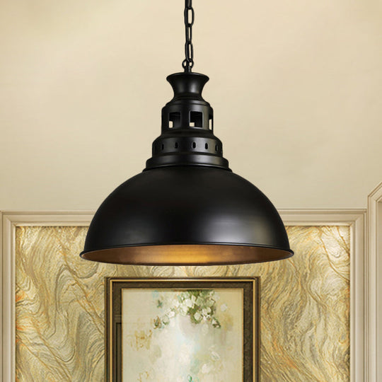 Black/Brass 1-Light Hanging Pendant For Dining Room - Loft Style Dome Shade Fixture
