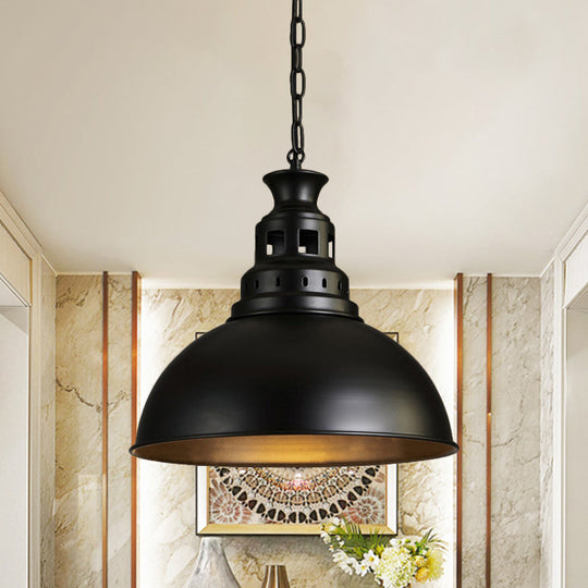 Black/Brass 1-Light Hanging Pendant For Dining Room - Loft Style Dome Shade Fixture