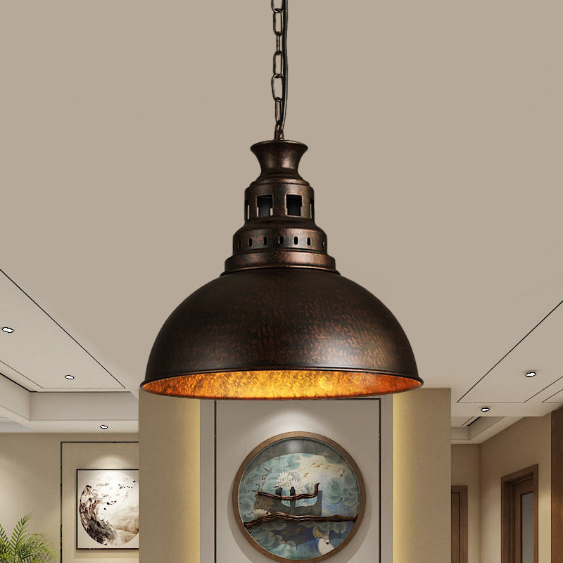 Black/Brass 1-Light Hanging Pendant For Dining Room - Loft Style Dome Shade Fixture