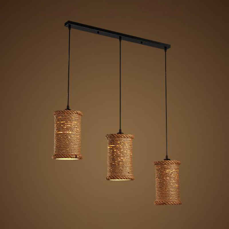 3-Head Brown Rope Pendant Light For Dining Room Ceiling With Round/Linear Canopy