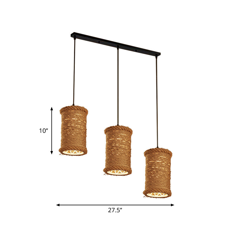 3-Head Brown Rope Pendant Light For Dining Room Ceiling With Round/Linear Canopy