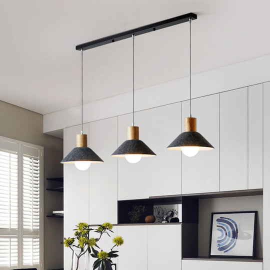 Industrial Grey Pendant Light With Wooden Cap - 3 Conical Lights For Dining Room