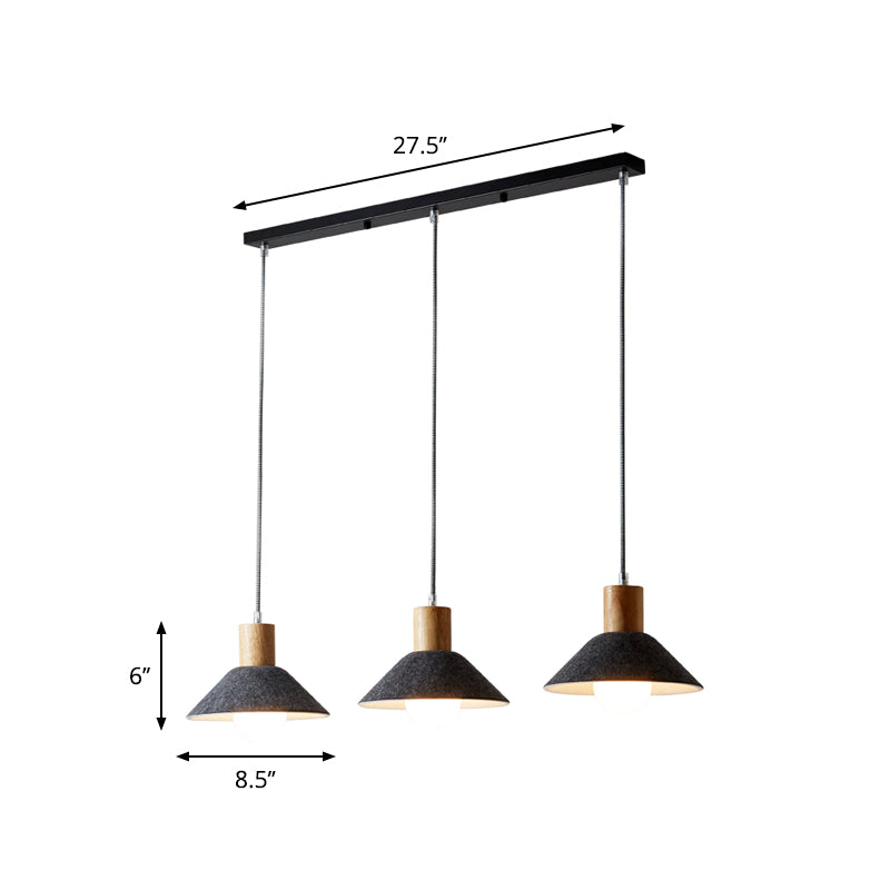 Industrial Grey Pendant Light With Wooden Cap - 3 Conical Lights For Dining Room