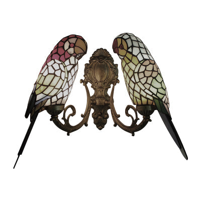 Rustic Loft Stained Glass Parrot Wall Sconce Light With 2 Heads - Brass/Bronze Finish For Foyer