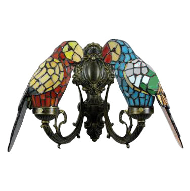 Rustic Loft Stained Glass Parrot Wall Sconce Light With 2 Heads - Brass/Bronze Finish For Foyer