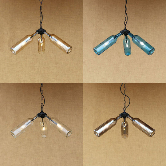 Rustic Blue/Clear Glass Pendant Light Fixture With Chain - Stylish 3 Bulbs Bottle Chandelier Lamp