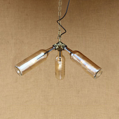 Industrial Style 3-Light Glass Bottle Chandelier With Pipe Design In Black/Clear Amber