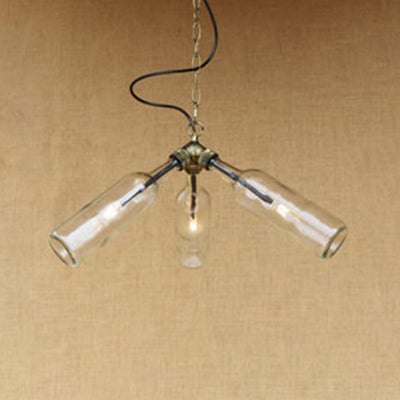 Industrial Style 3-Light Glass Bottle Chandelier With Pipe Design In Black/Clear Clear