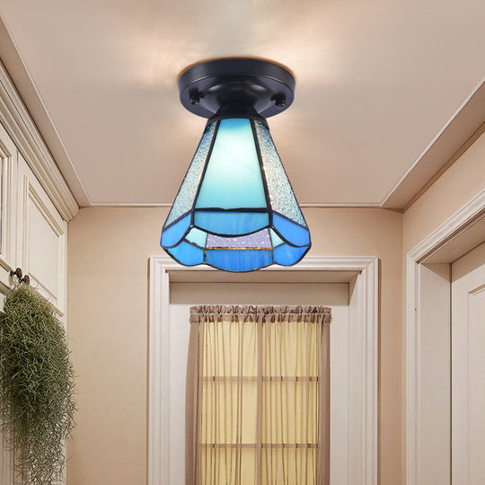 Tiffany Style Handcrafted Glass Semi Flush Mount Ceiling Light Blue