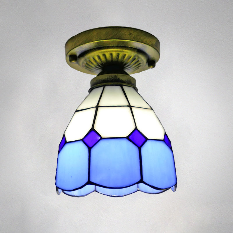 Classic Bell Shade Glass Semi Flush Ceiling Light - 1 Head Mount Blue / 6’