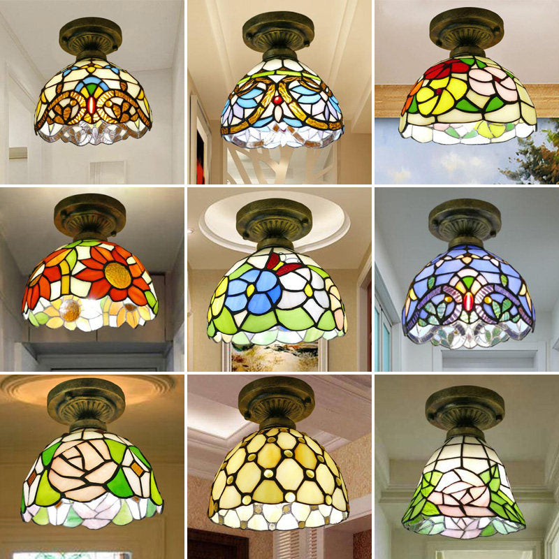 Stained Glass Vintage Dome Ceiling Light Fixture For Corridor - Semi Flush Includes 1 Bulb