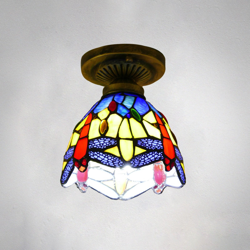 Tiffany Style Stained Glass Semi Flush Ceiling Light Fixture With Bowl Shade Royal Blue / 6’