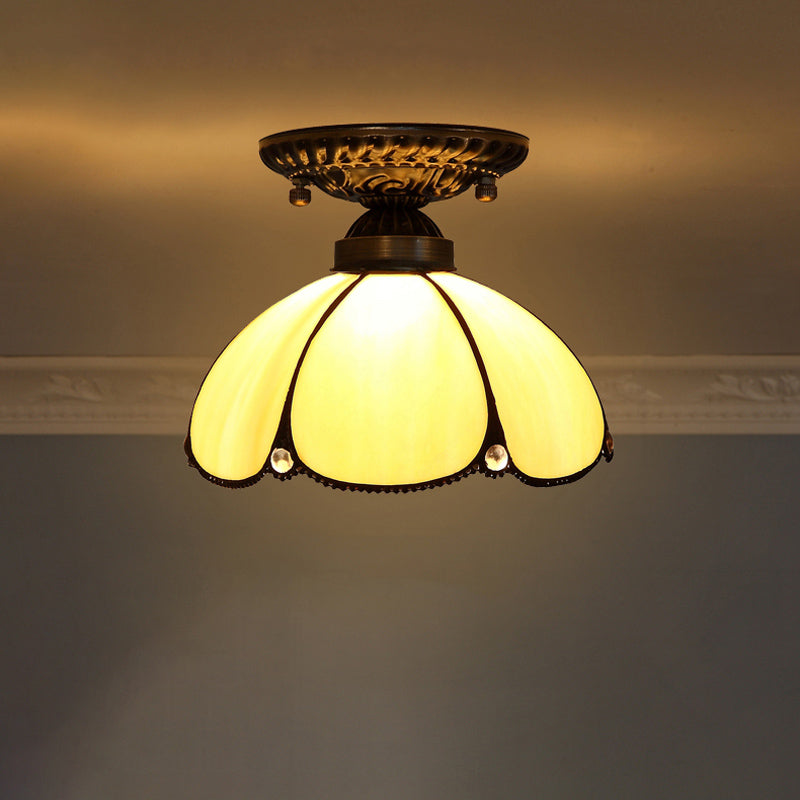 Stained Glass Dome Shade Semi Flush Mount Ceiling Light - Decorative 1 - Light Yellow