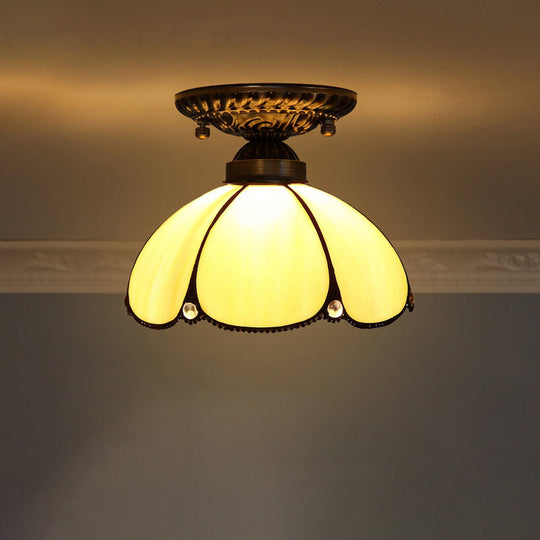 Stained Glass Dome Shade Semi Flush Mount Ceiling Light - Decorative 1 - Light Yellow