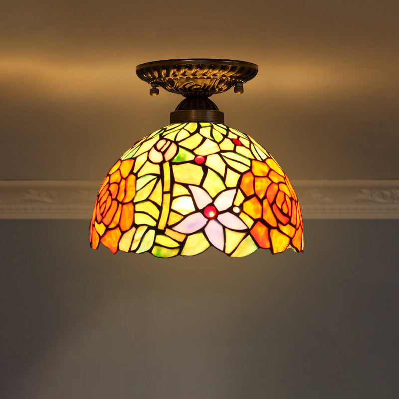 Stained Glass Dome Shade Semi Flush Mount Ceiling Light - Decorative 1 - Light Yellow
