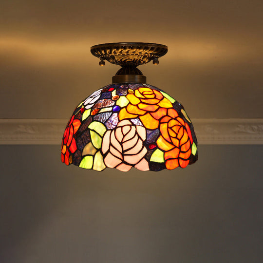 Stained Glass Dome Shade Semi Flush Mount Ceiling Light - Decorative 1 - Light Orange Red