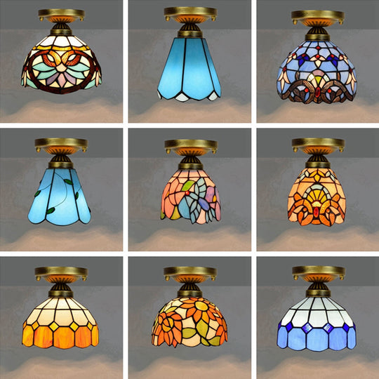 Tiffany Stained Art Glass Semi Flush Mount Ceiling Light - Single - Bulb Shaded Fixture
