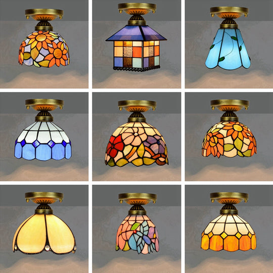 Tiffany Stained Art Glass Semi Flush Mount Ceiling Light - Single - Bulb Shaded Fixture
