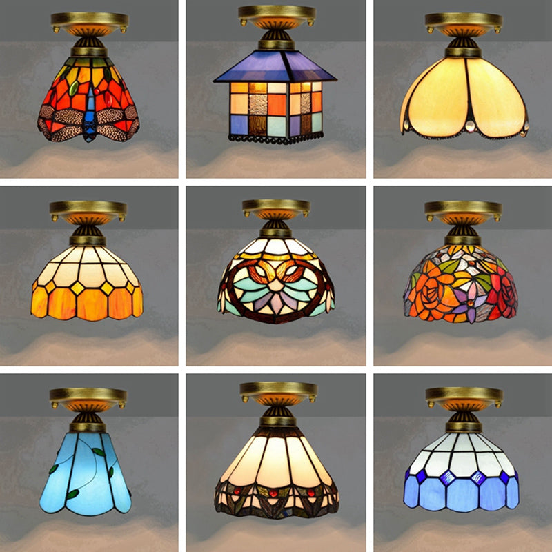 Tiffany Stained Art Glass Semi Flush Mount Ceiling Light - Single - Bulb Shaded Fixture