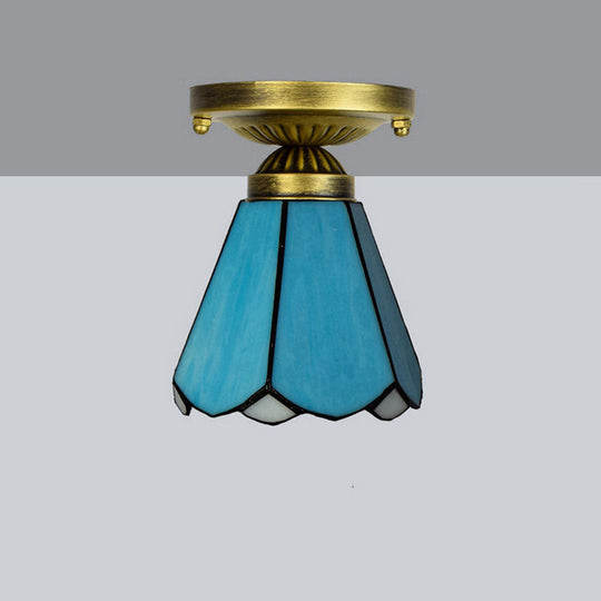 Tiffany Stained Art Glass Semi Flush Mount Ceiling Light - Single - Bulb Shaded Fixture Lake Blue